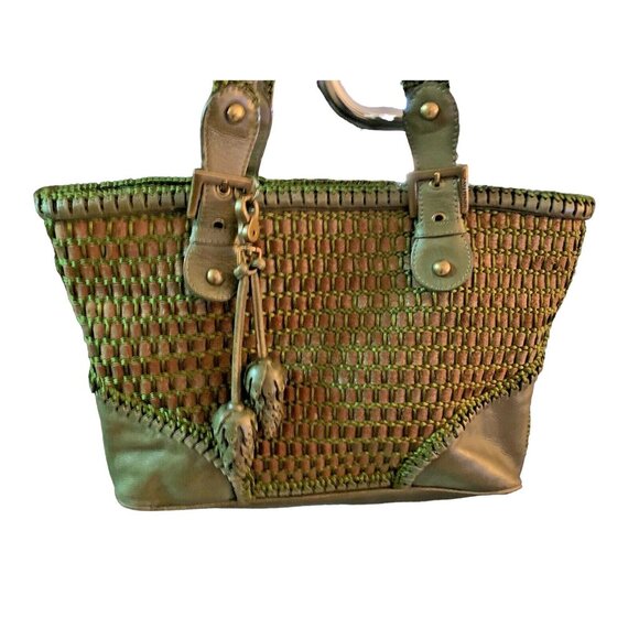 ISABELLA FIORE TUCK DELUX WEAVED PINECONE TASSELED TOTE HANDBAG PURSE GREEN - Picture 2 of 13